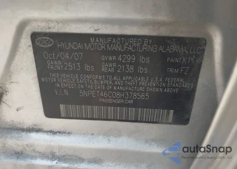 2008 Hyundai Sonata Gls z USA, uszkodzony, nr VIN 5NPET46C08H378565